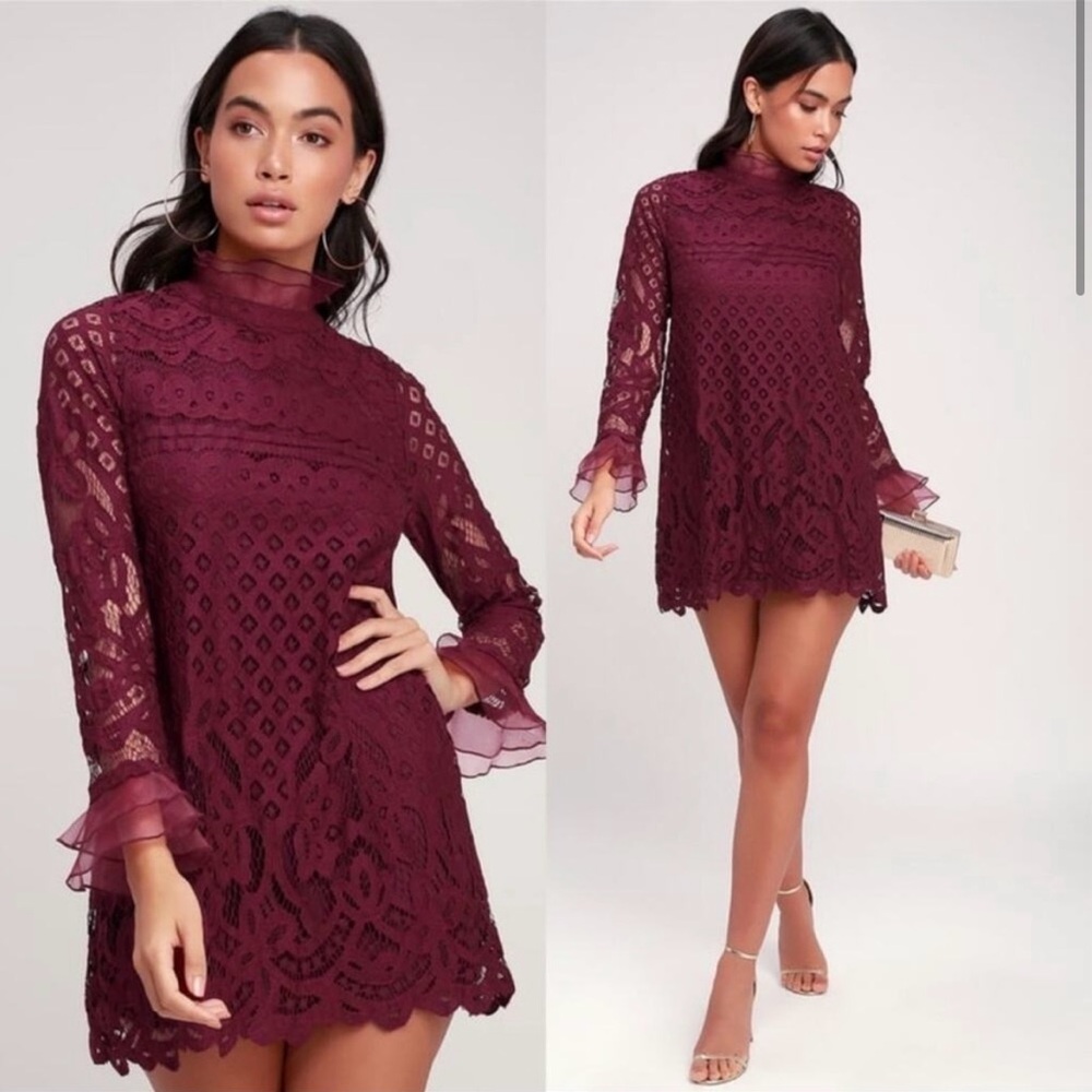 Lulu's Burgundy Lace Long Sleeve Dress